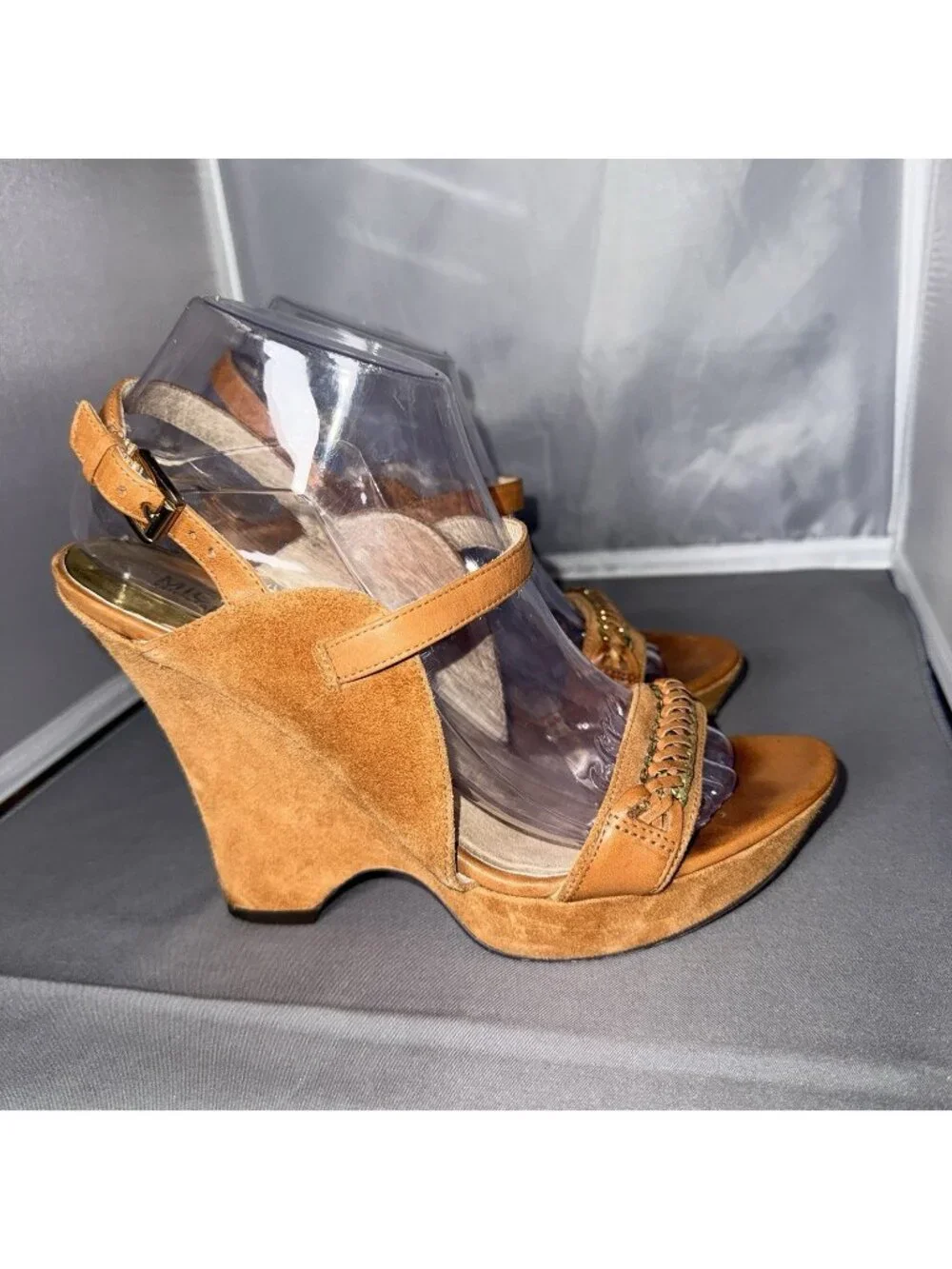 Michael Kors Suede Wedge Sandals with Gold Chain Detail Size 8.5